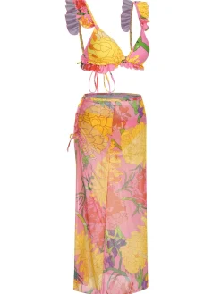 Clearance Retro Stage 3PCS 1970s Floral Swimsuit Set Pink