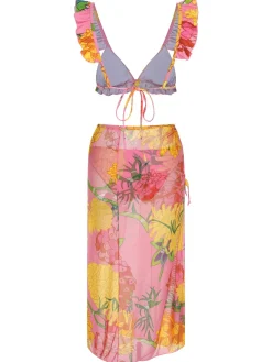 Clearance Retro Stage 3PCS 1970s Floral Swimsuit Set Pink