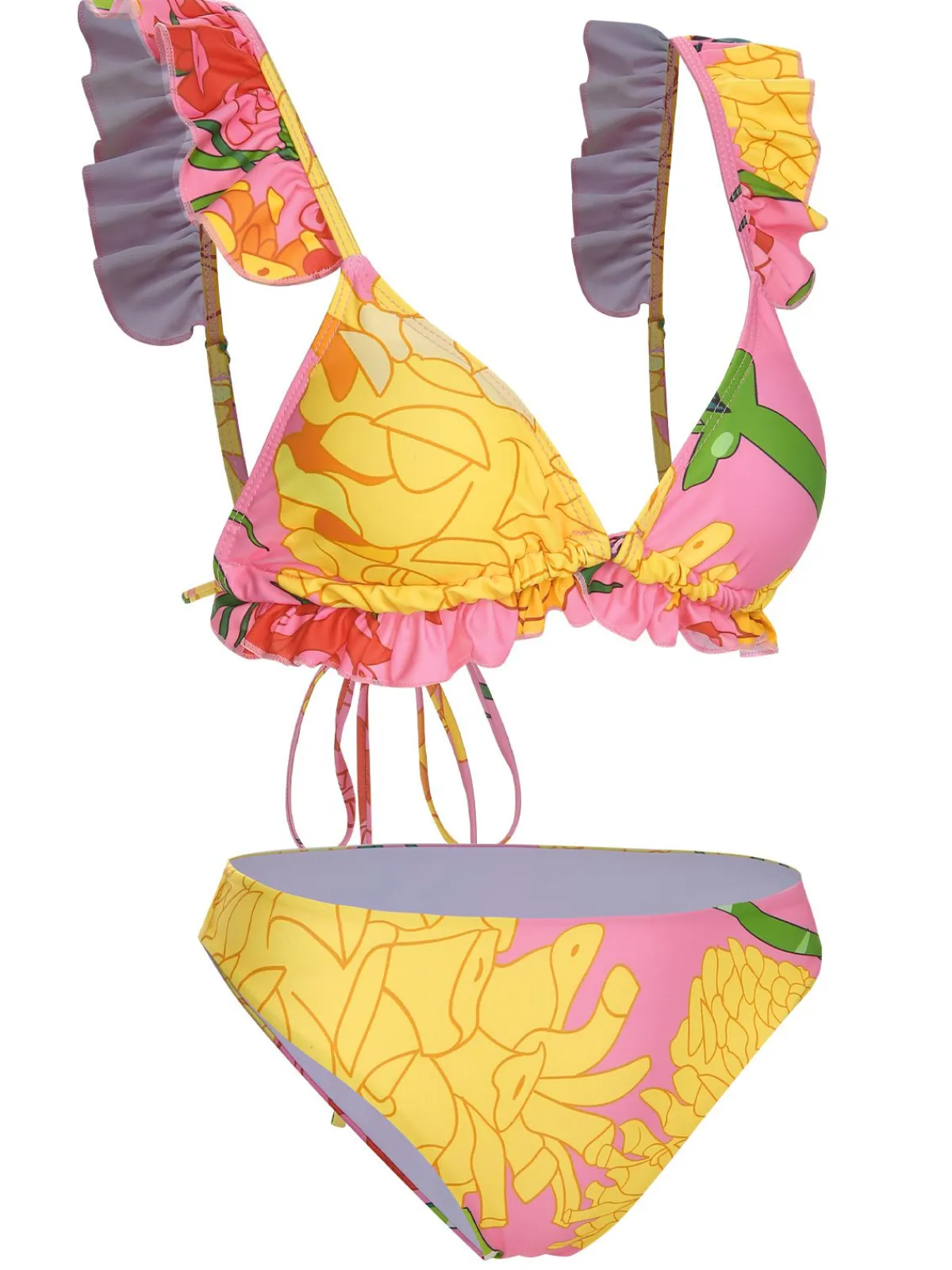 Clearance Retro Stage 3PCS 1970s Floral Swimsuit Set Pink