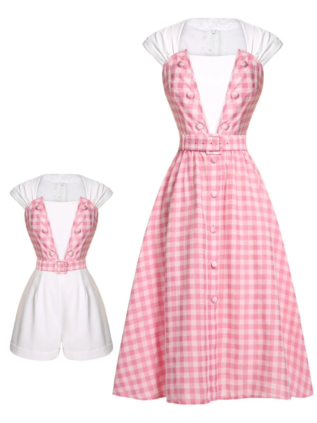 Best Retro Stage 2PCS 1950s Pink Plaid Skirt & Romper With Belt White & Pink