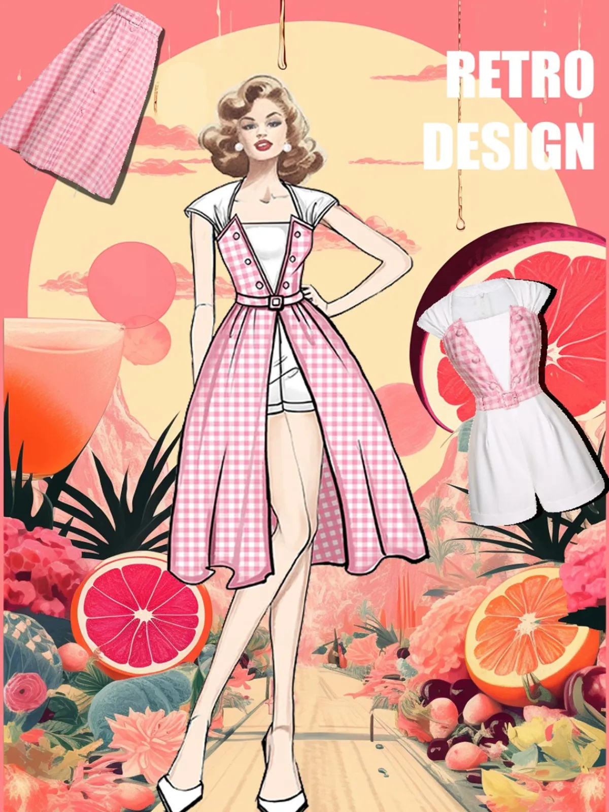 Best Retro Stage 2PCS 1950s Pink Plaid Skirt & Romper With Belt White & Pink
