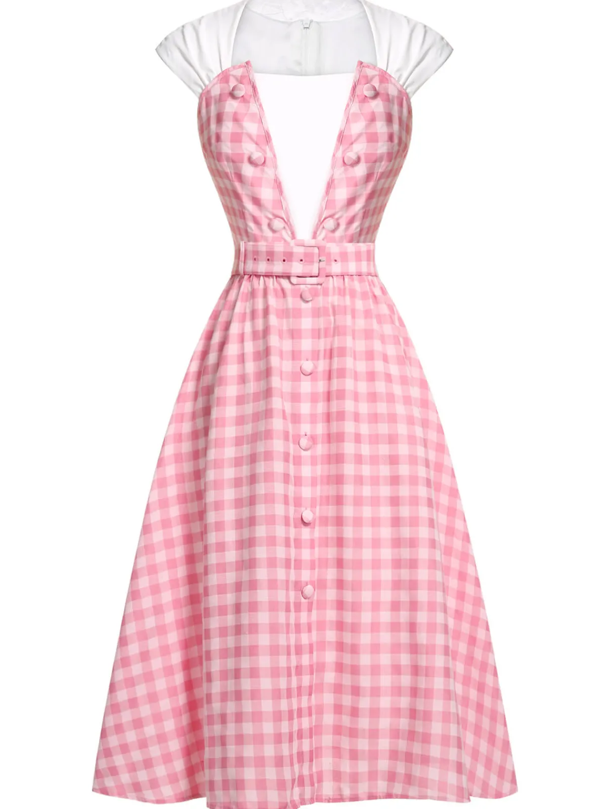 Best Retro Stage 2PCS 1950s Pink Plaid Skirt & Romper With Belt White & Pink