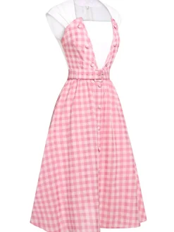 Best Retro Stage 2PCS 1950s Pink Plaid Skirt & Romper With Belt White & Pink