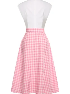 Best Retro Stage 2PCS 1950s Pink Plaid Skirt & Romper With Belt White & Pink