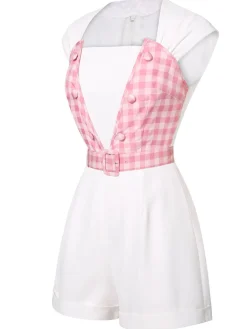 Best Retro Stage 2PCS 1950s Pink Plaid Skirt & Romper With Belt White & Pink