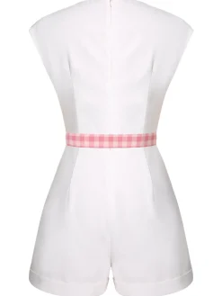 Best Retro Stage 2PCS 1950s Pink Plaid Skirt & Romper With Belt White & Pink