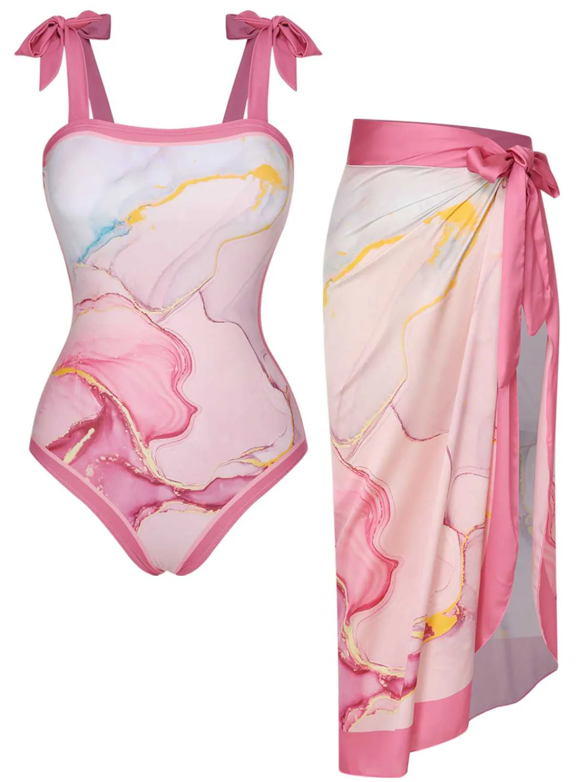 Online Retro Stage 2PCS 1950s Print Swimsuit & Cover-Up Pink
