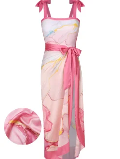 Online Retro Stage 2PCS 1950s Print Swimsuit & Cover-Up Pink
