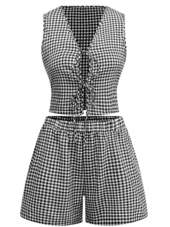 Outlet Retro Stage 2PCS 1950s Plaid V-Neck Bind Vest & Shorts