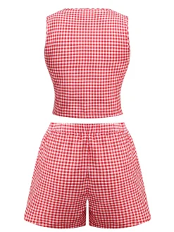 Outlet Retro Stage 2PCS 1950s Plaid V-Neck Bind Vest & Shorts