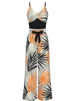 Fashion Retro Stage 2PCS 1970s Plant Prints V-Neck Short Strap Top & Pants
