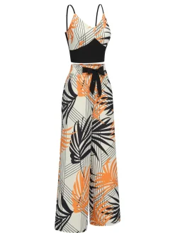 Fashion Retro Stage 2PCS 1970s Plant Prints V-Neck Short Strap Top & Pants