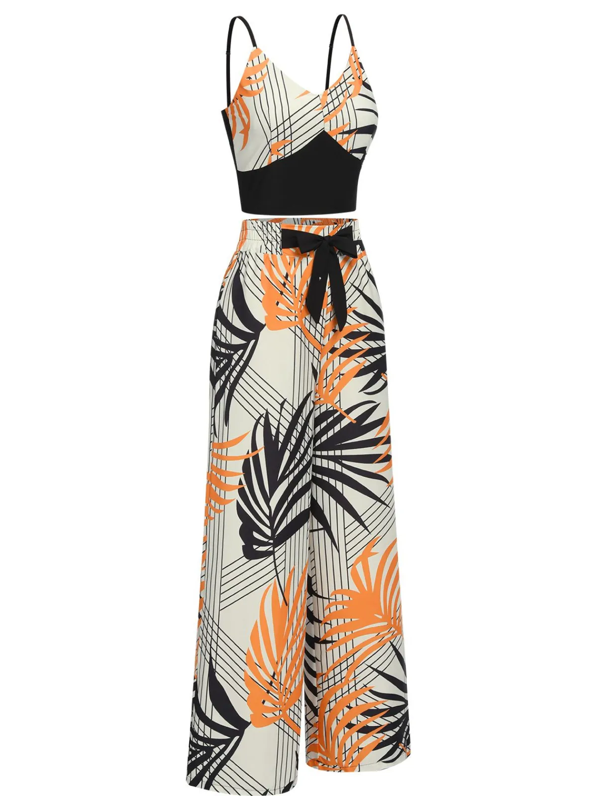 Fashion Retro Stage 2PCS 1970s Plant Prints V-Neck Short Strap Top & Pants