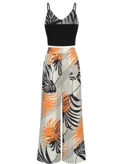 Fashion Retro Stage 2PCS 1970s Plant Prints V-Neck Short Strap Top & Pants