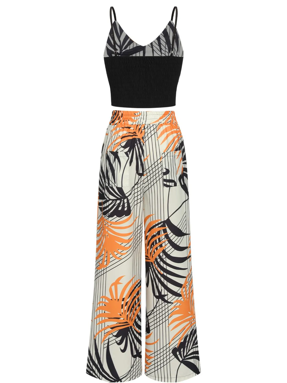 Fashion Retro Stage 2PCS 1970s Plant Prints V-Neck Short Strap Top & Pants