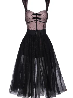 Sale Retro Stage 2PCS 1950s Polka Dot Bowknot Lace Strap Dress Dark Pink