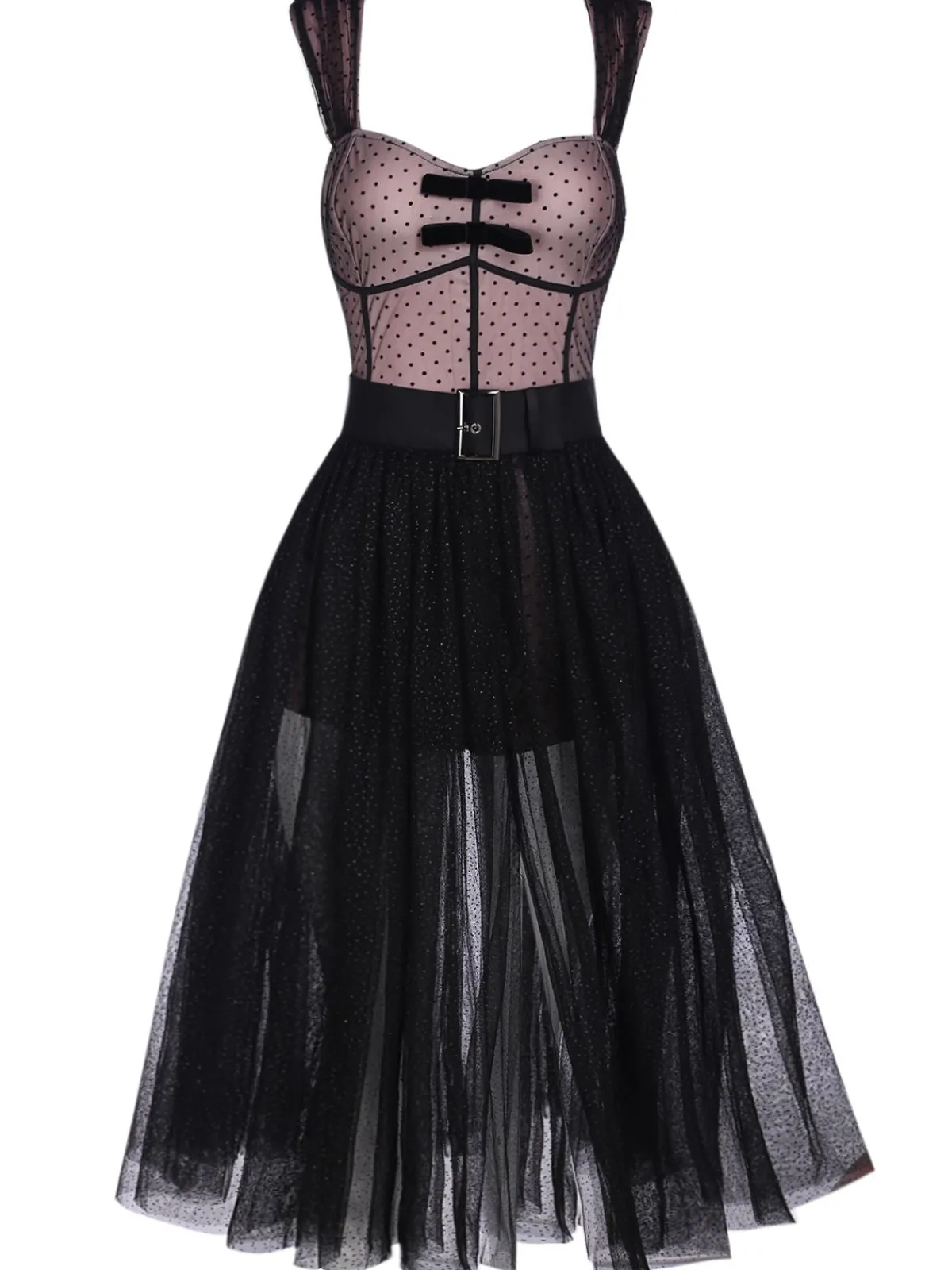 Sale Retro Stage 2PCS 1950s Polka Dot Bowknot Lace Strap Dress Dark Pink
