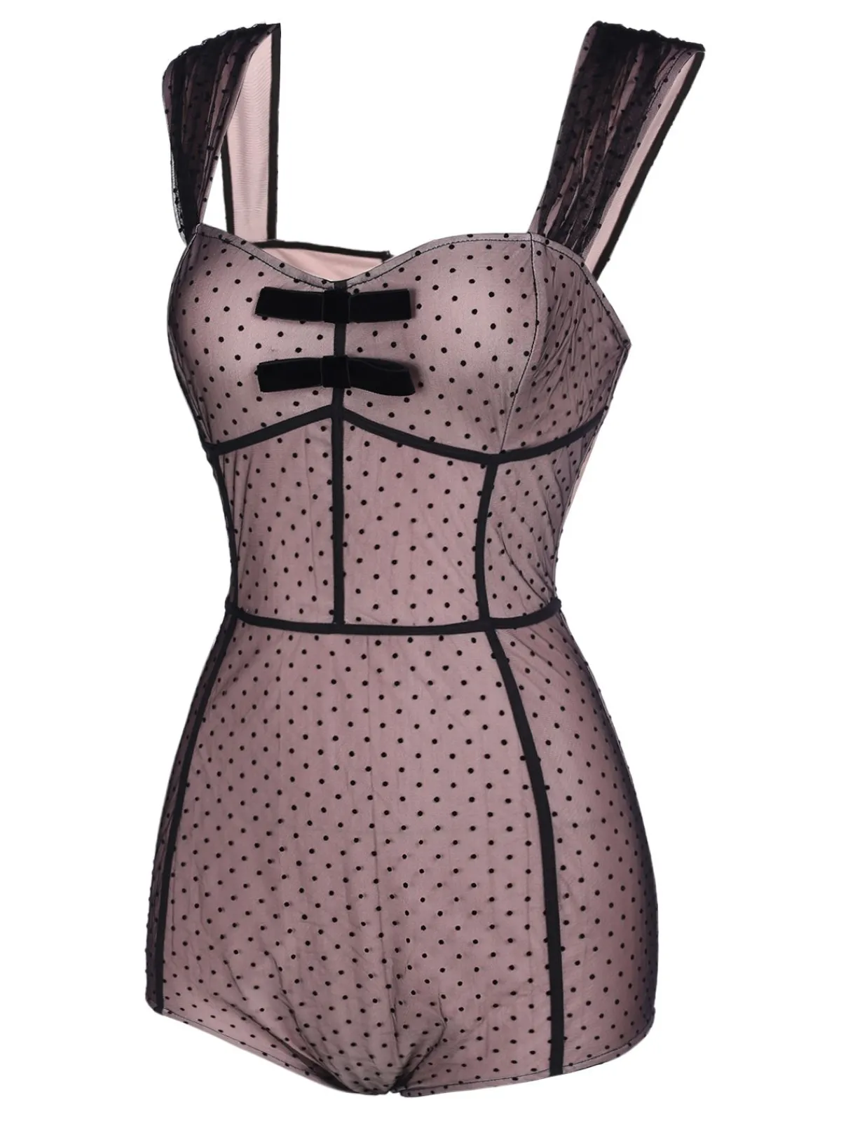 Sale Retro Stage 2PCS 1950s Polka Dot Bowknot Lace Strap Dress Dark Pink