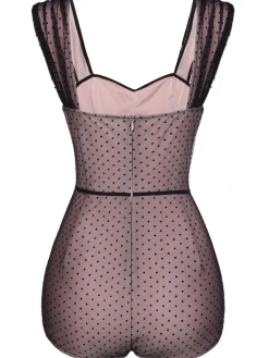 Sale Retro Stage 2PCS 1950s Polka Dot Bowknot Lace Strap Dress Dark Pink