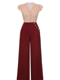 Clearance Retro Stage 2PCS 1950s Polka Dot Blouse & Burgundy Pants Red