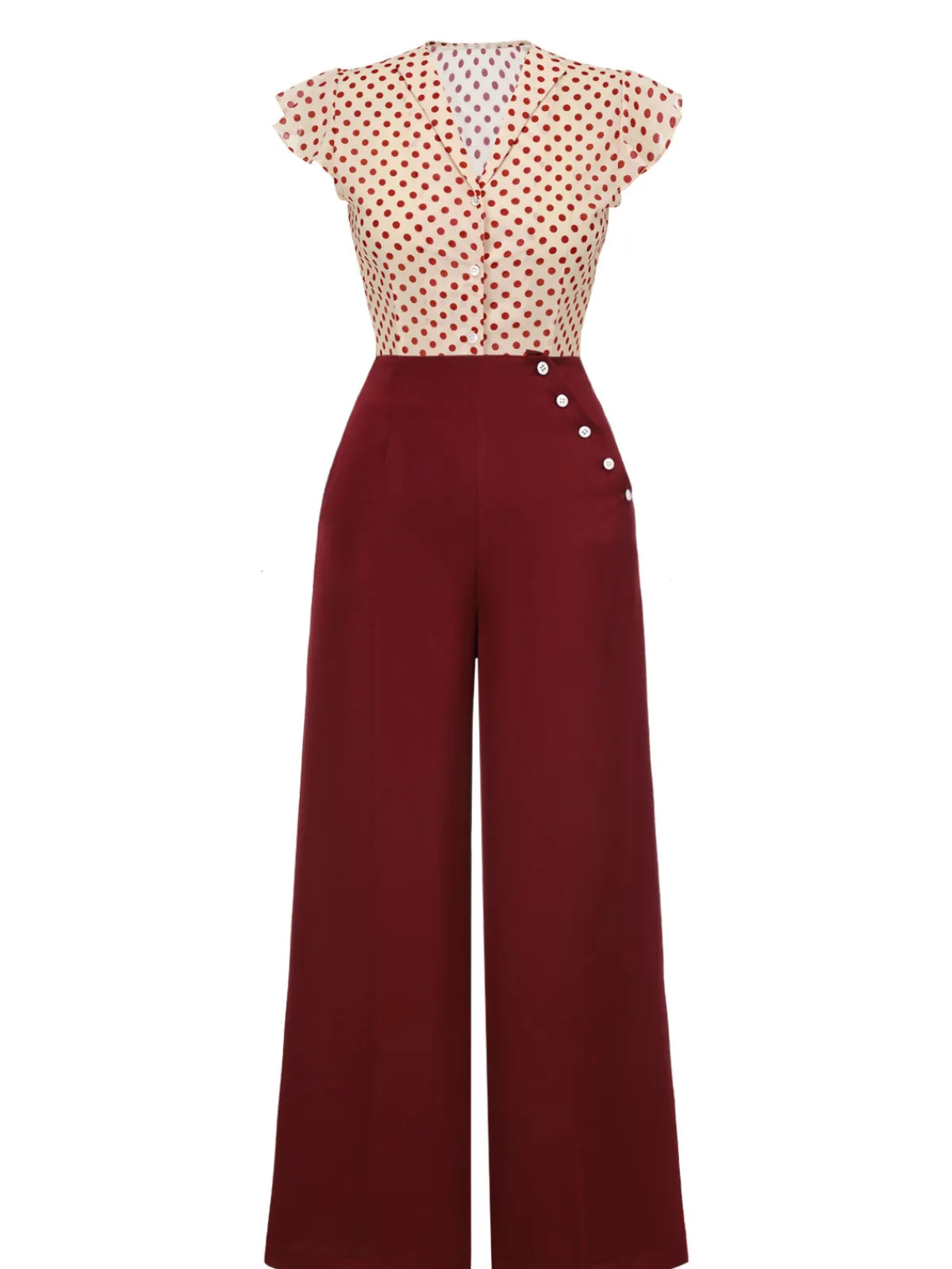 Clearance Retro Stage 2PCS 1950s Polka Dot Blouse & Burgundy Pants Red