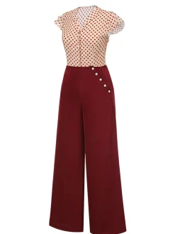 Clearance Retro Stage 2PCS 1950s Polka Dot Blouse & Burgundy Pants Red