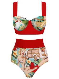 New Retro Stage 3PCS 1960s Retro Lady Bikini Set Red