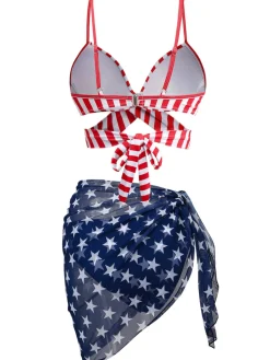 Clearance Retro Stage 2PCS 1960s Red Striped Bikini Set & Blue Star Cover-Up Multicolor