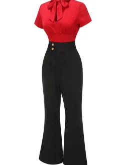 Discount Retro Stage 2PCS 1940s Red Tie-Up Blouse & Black Pants Red & Black