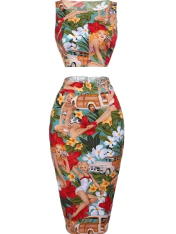 Outlet Retro Stage 2PCS 1960s Retro Lady Crop Top & Pencil Skirt Multi Color