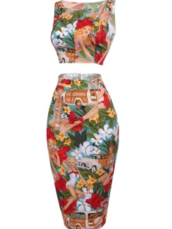 Outlet Retro Stage 2PCS 1960s Retro Lady Crop Top & Pencil Skirt Multi Color
