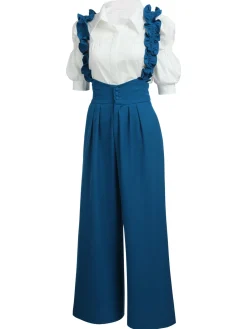 Outlet Retro Stage 2PCS 1950s Ruffled Blouse & Solid Suspender Pants Blue