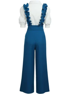Outlet Retro Stage 2PCS 1950s Ruffled Blouse & Solid Suspender Pants Blue
