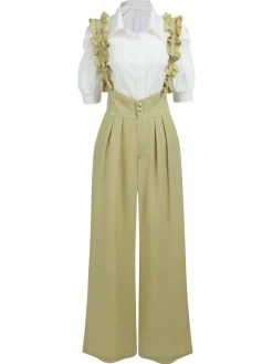 Outlet Retro Stage 2PCS 1950s Ruffled Blouse & Solid Suspender Pants Blue