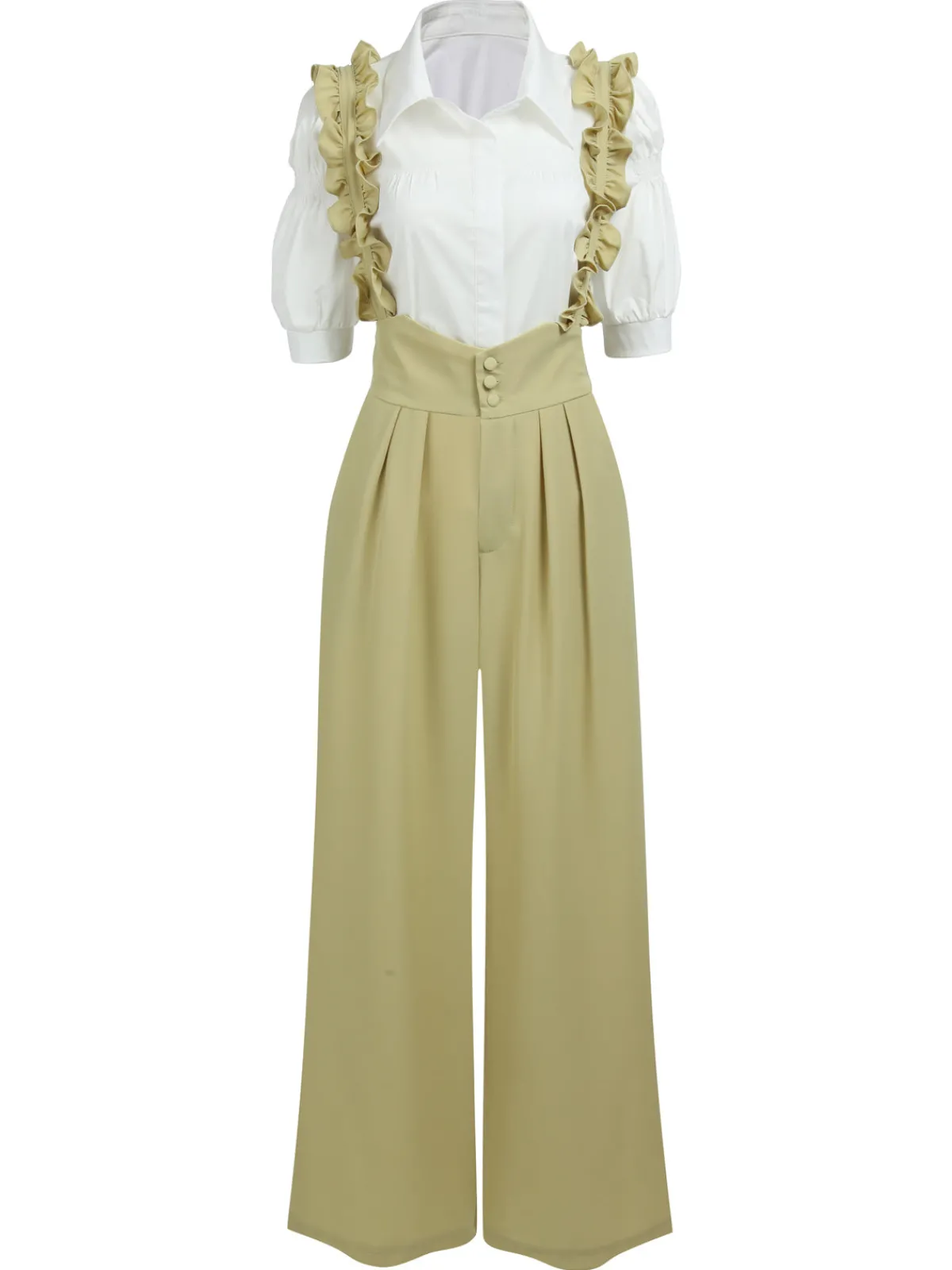 Outlet Retro Stage 2PCS 1950s Ruffled Blouse & Solid Suspender Pants Blue