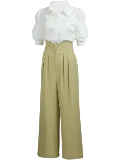 Outlet Retro Stage 2PCS 1950s Ruffled Blouse & Solid Suspender Pants Blue