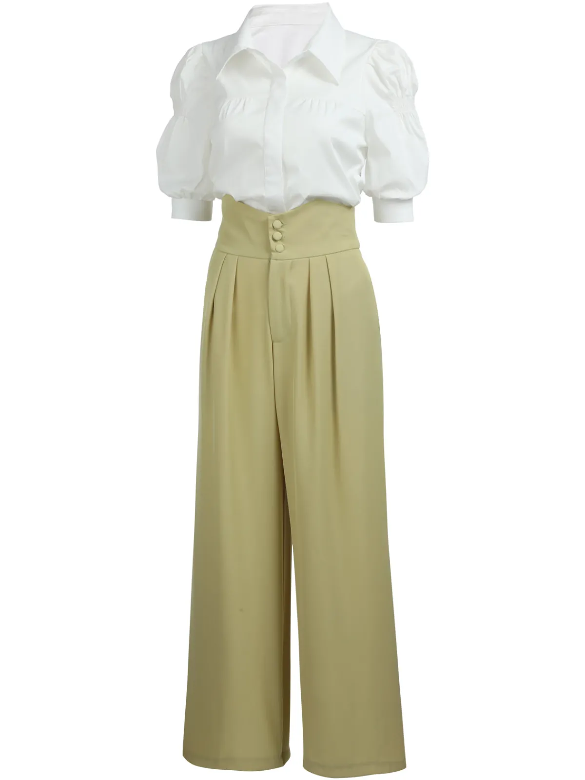 Outlet Retro Stage 2PCS 1950s Ruffled Blouse & Solid Suspender Pants Blue