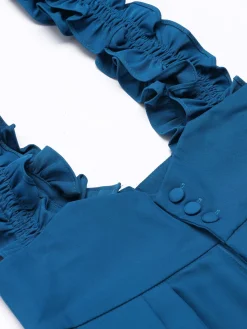 Outlet Retro Stage 2PCS 1950s Ruffled Blouse & Solid Suspender Pants Blue