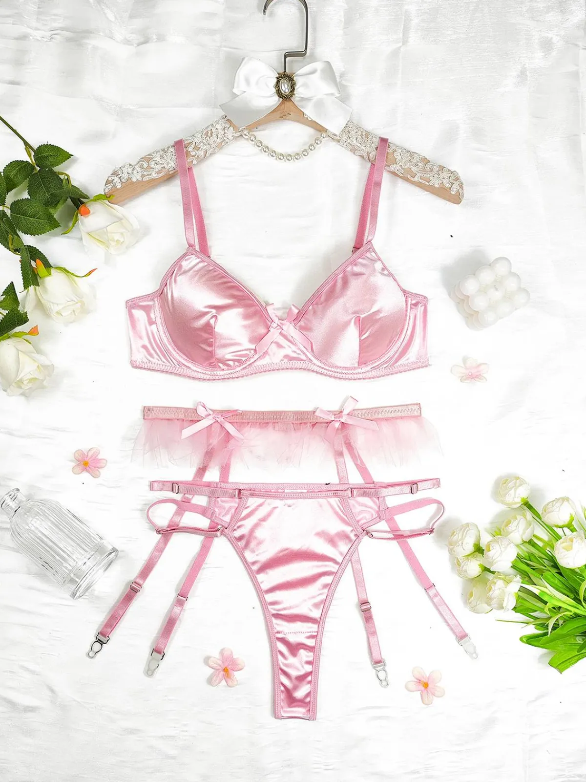New Retro Stage 3PCS 1950s Satin Garter Belt Lingerie Sets