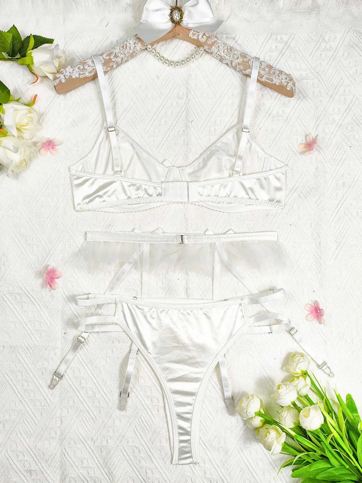 New Retro Stage 3PCS 1950s Satin Garter Belt Lingerie Sets