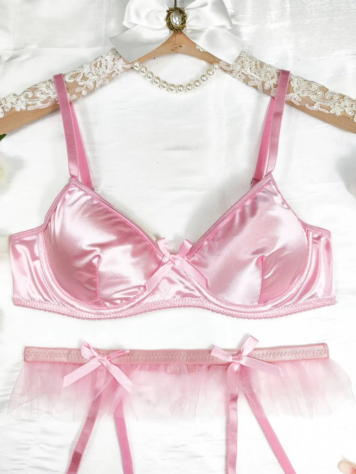 New Retro Stage 3PCS 1950s Satin Garter Belt Lingerie Sets