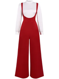 Outlet Retro Stage 2PCS 1970s Satin High Neck Blouse & Suspender Pants White & Red