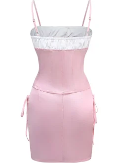 Fashion Retro Stage 2PCS 1970s Satin Lace-Up Strap Top & Skirt Pink