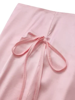 Fashion Retro Stage 2PCS 1970s Satin Lace-Up Strap Top & Skirt Pink
