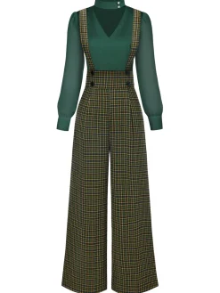 Discount Retro Stage 2PCS 1940s Satin Puff Sleeve Blouse & Glen Plaid Overall Pants