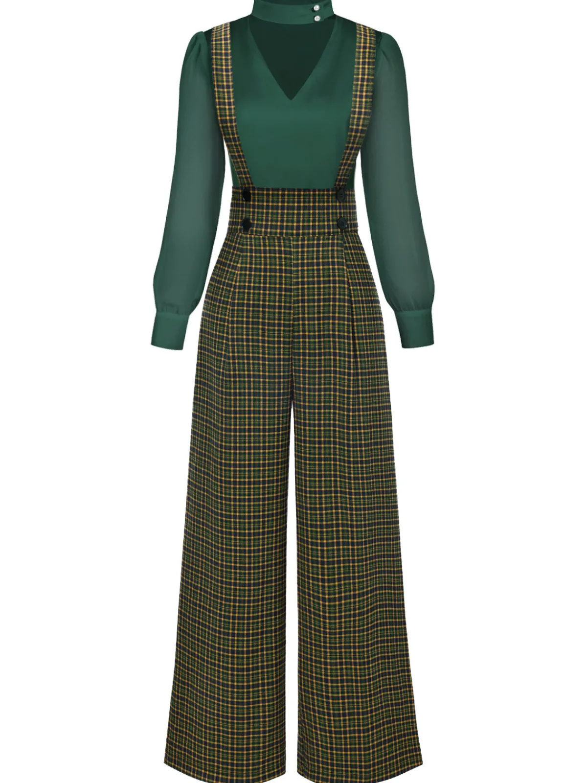 Discount Retro Stage 2PCS 1940s Satin Puff Sleeve Blouse & Glen Plaid Overall Pants