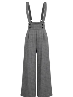 Discount Retro Stage 2PCS 1940s Satin Puff Sleeve Blouse & Glen Plaid Overall Pants
