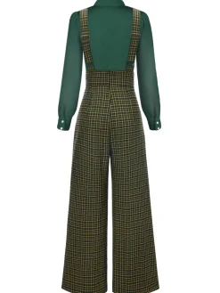 Discount Retro Stage 2PCS 1940s Satin Puff Sleeve Blouse & Glen Plaid Overall Pants