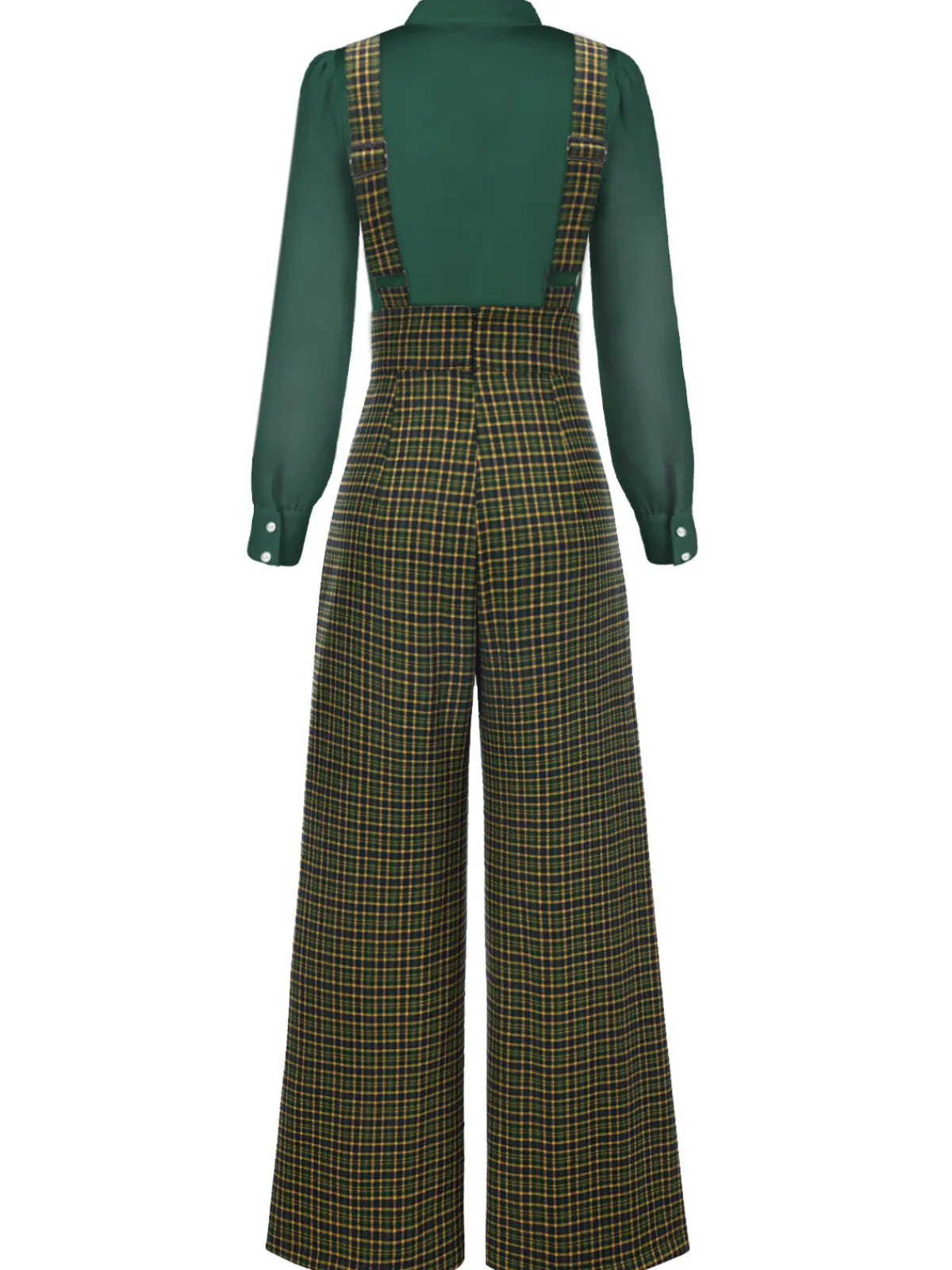 Discount Retro Stage 2PCS 1940s Satin Puff Sleeve Blouse & Glen Plaid Overall Pants