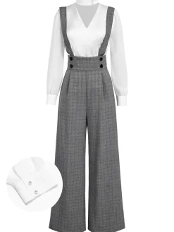 Discount Retro Stage 2PCS 1940s Satin Puff Sleeve Blouse & Glen Plaid Overall Pants